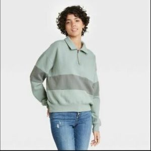 Universal Thread Fleece Lined Quarter Zip Pullover, Green Colorblock,Size Medium